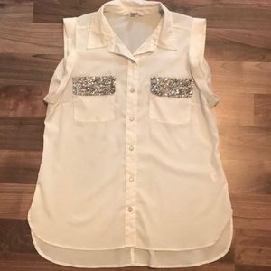 Ivory Button Down Collared Top with Sequin Pockets